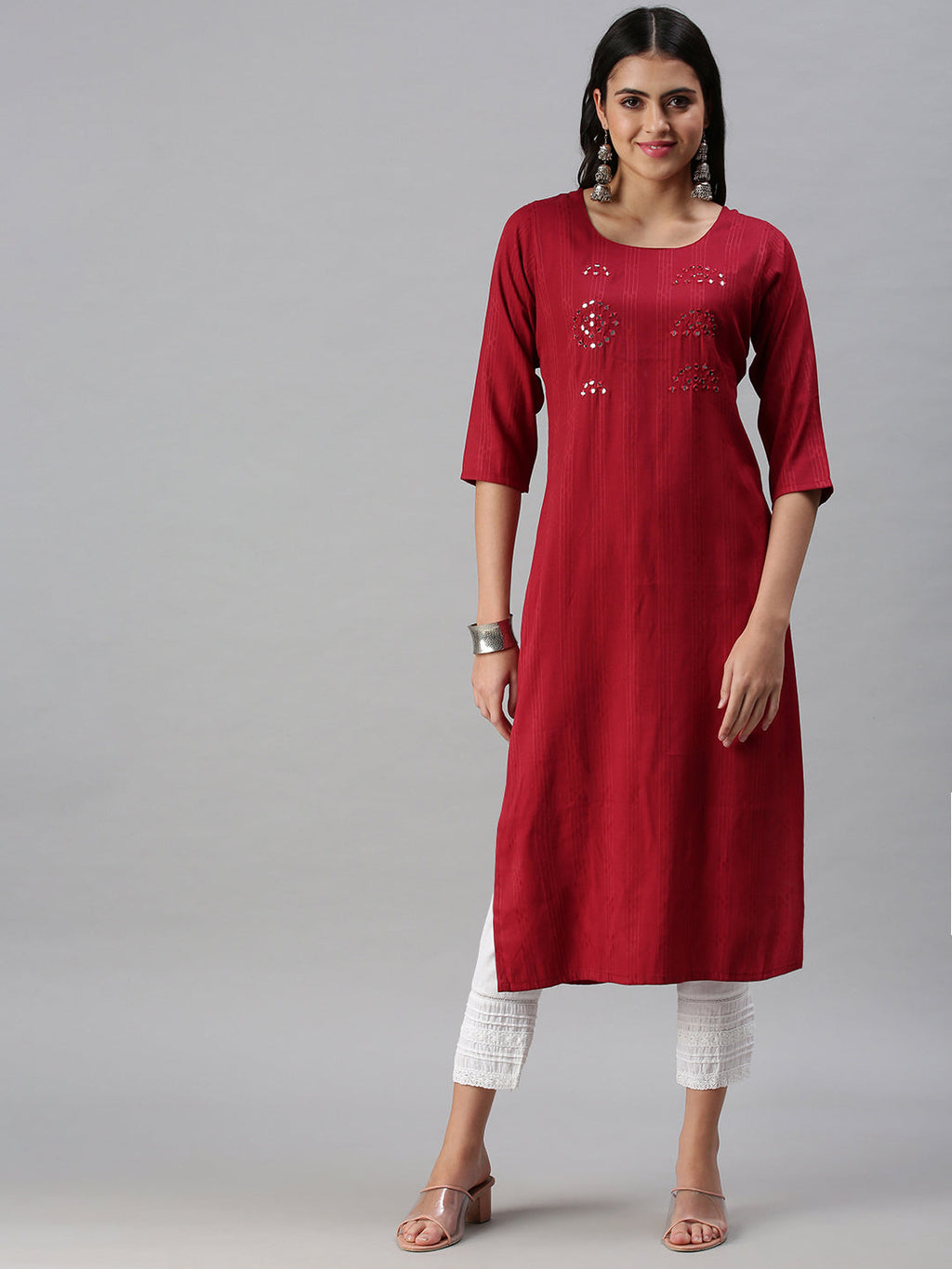 Women's Maroon Striped Straight Kurta