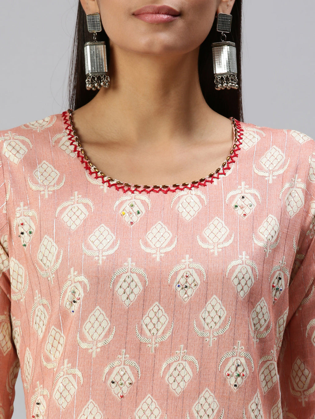 Women's Peach Ethnic Motifs Straight Kurta