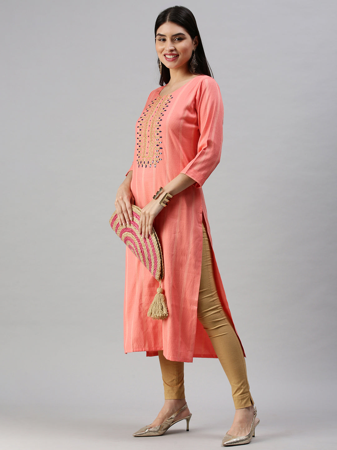 Women's Pink Striped Three-Quarter Sleeves Straight Zari Kurta
