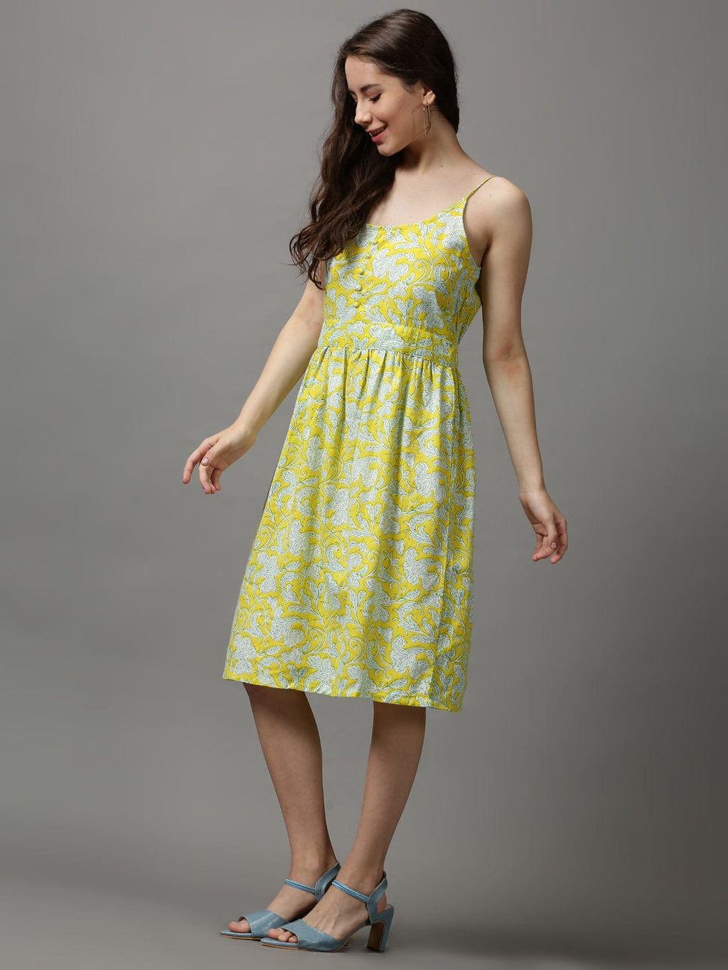 Women's Shoulder Straps Printed Fit and Flare Yellow Dress