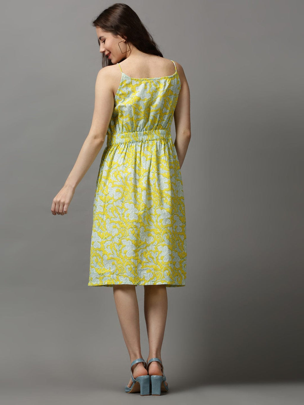 Women's Shoulder Straps Printed Fit and Flare Yellow Dress