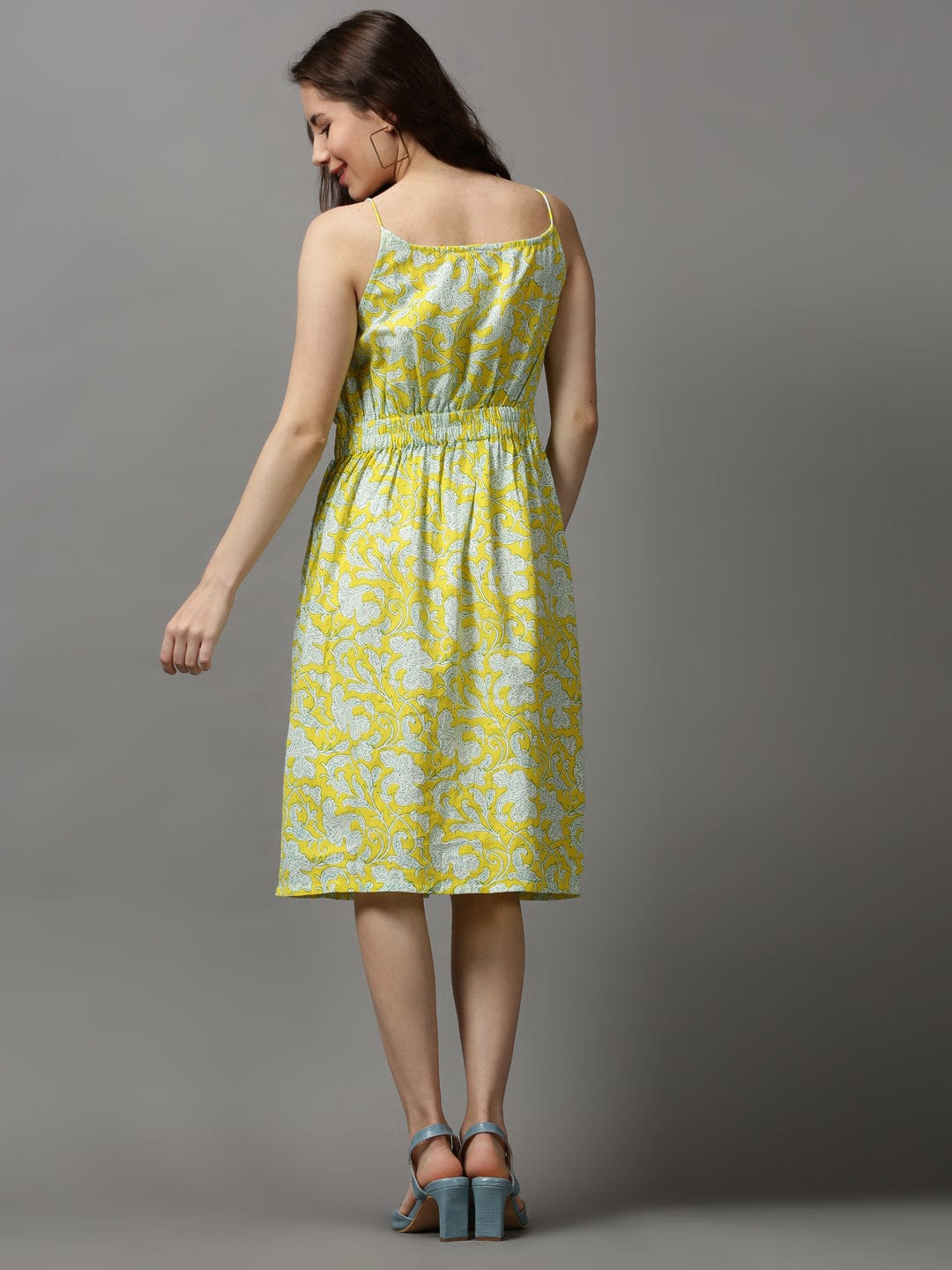 Women's Shoulder Straps Printed Fit and Flare Yellow Dress