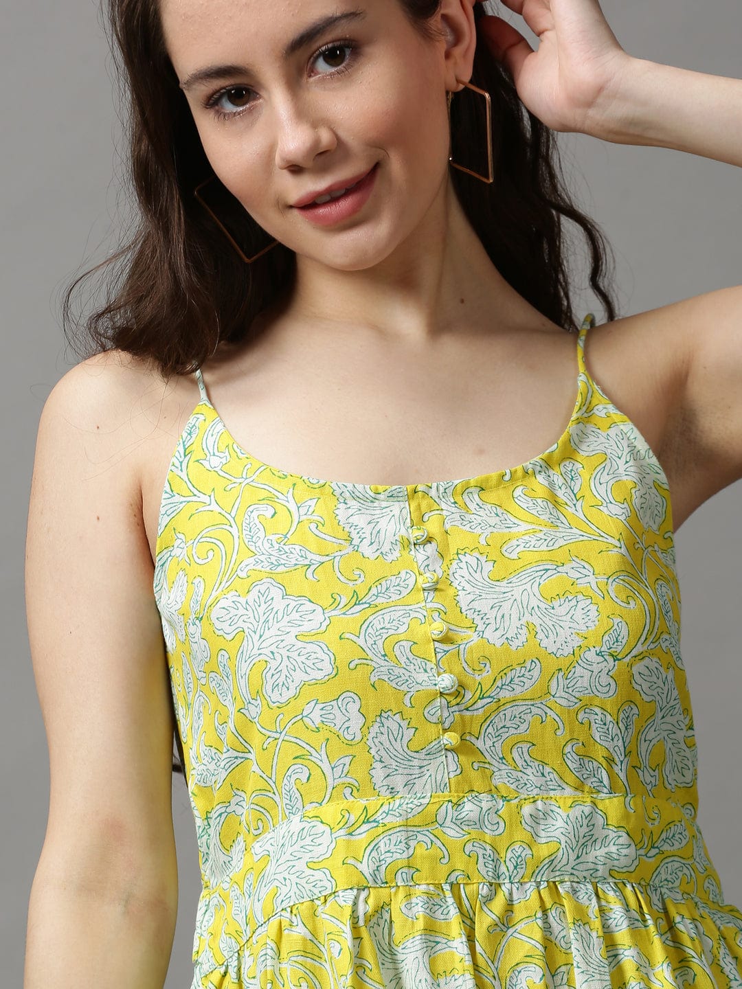 Women's Shoulder Straps Printed Fit and Flare Yellow Dress