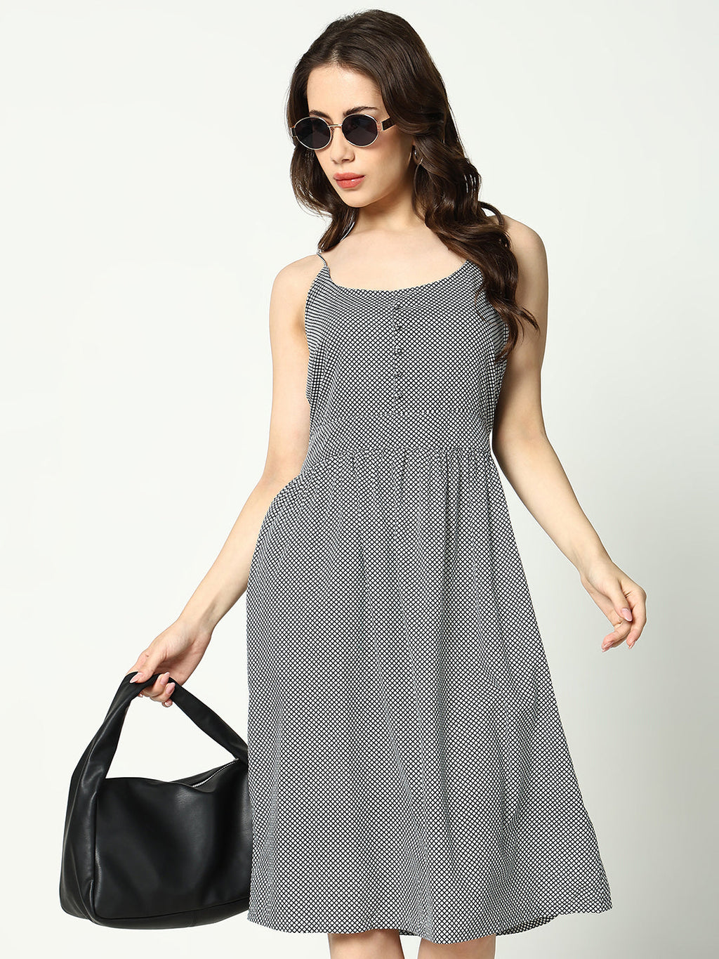 Women's Black Checked Cotton A-Line Dress