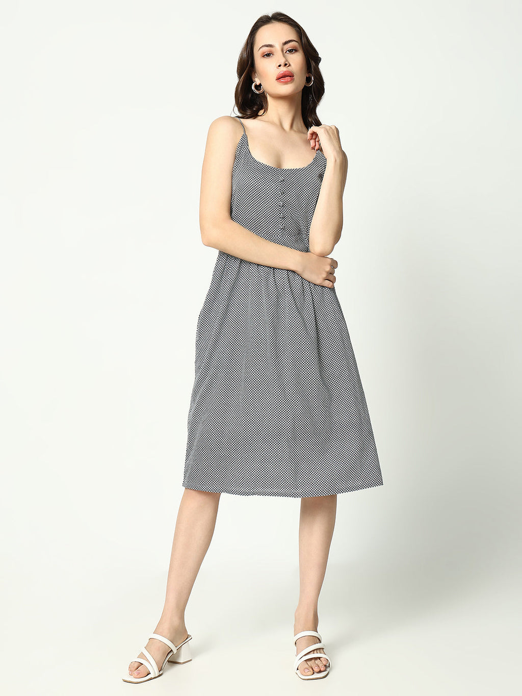 Women's Black Checked Cotton A-Line Dress
