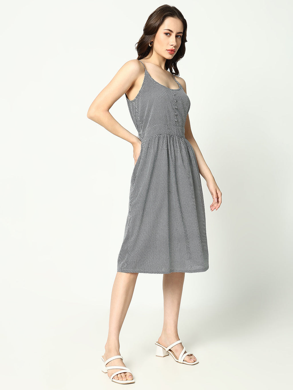 Women's Black Checked Cotton A-Line Dress