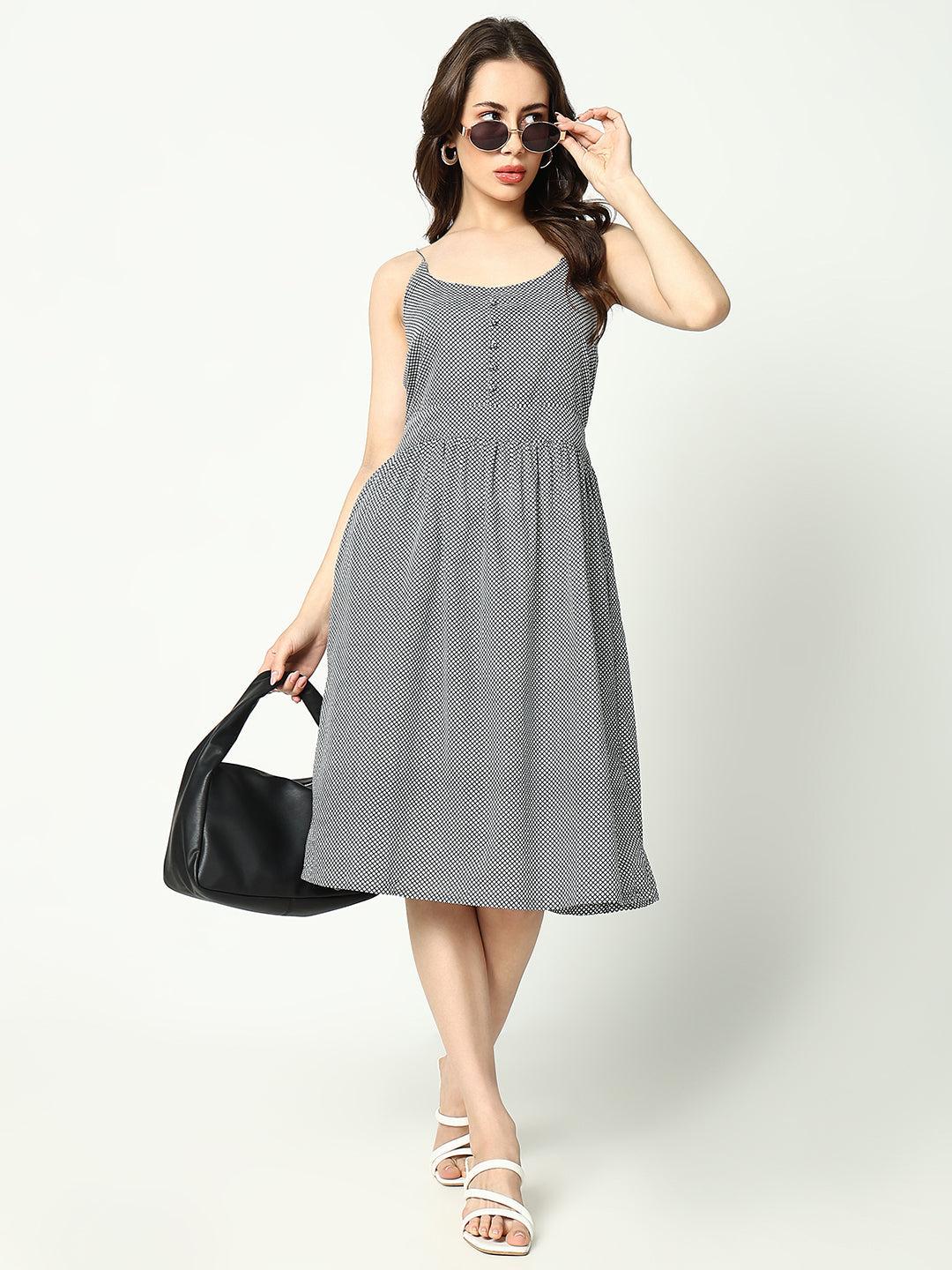 Women's Black Checked Cotton A-Line Dress