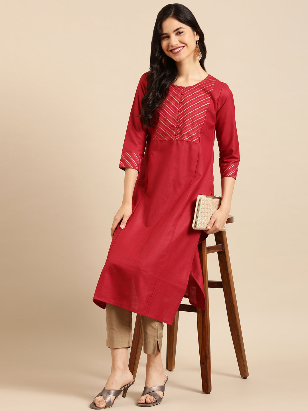 Women's Maroon Solid Straight Kurta