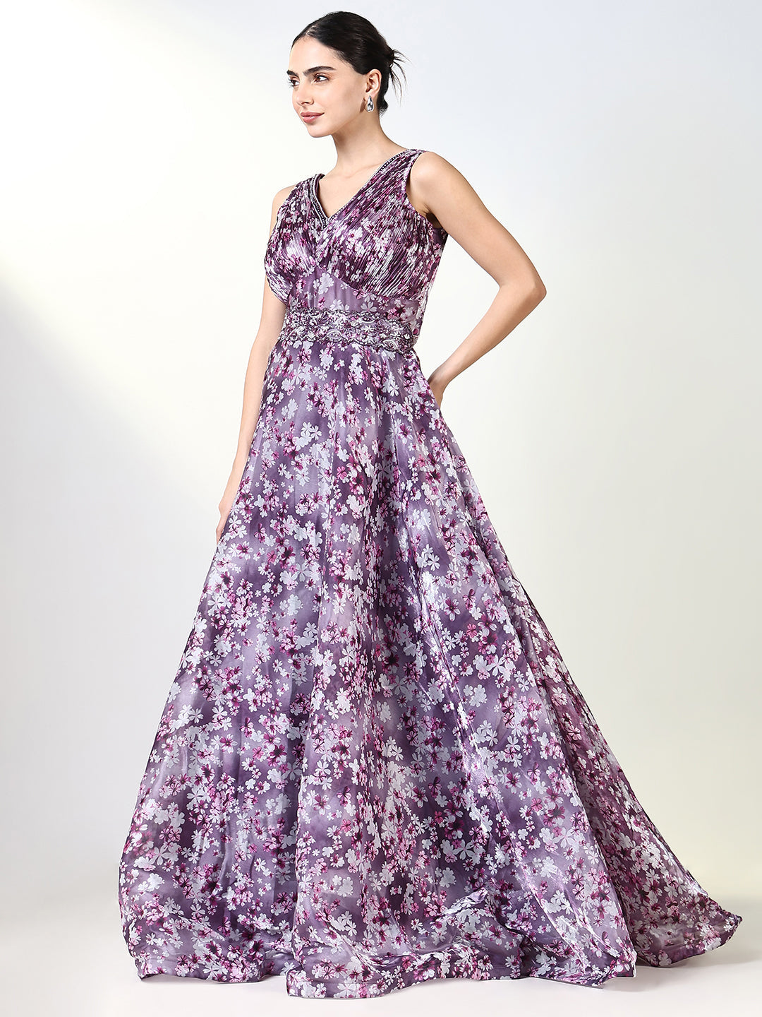Women's Purple Floral Gown Dress with Belt & Dupatta