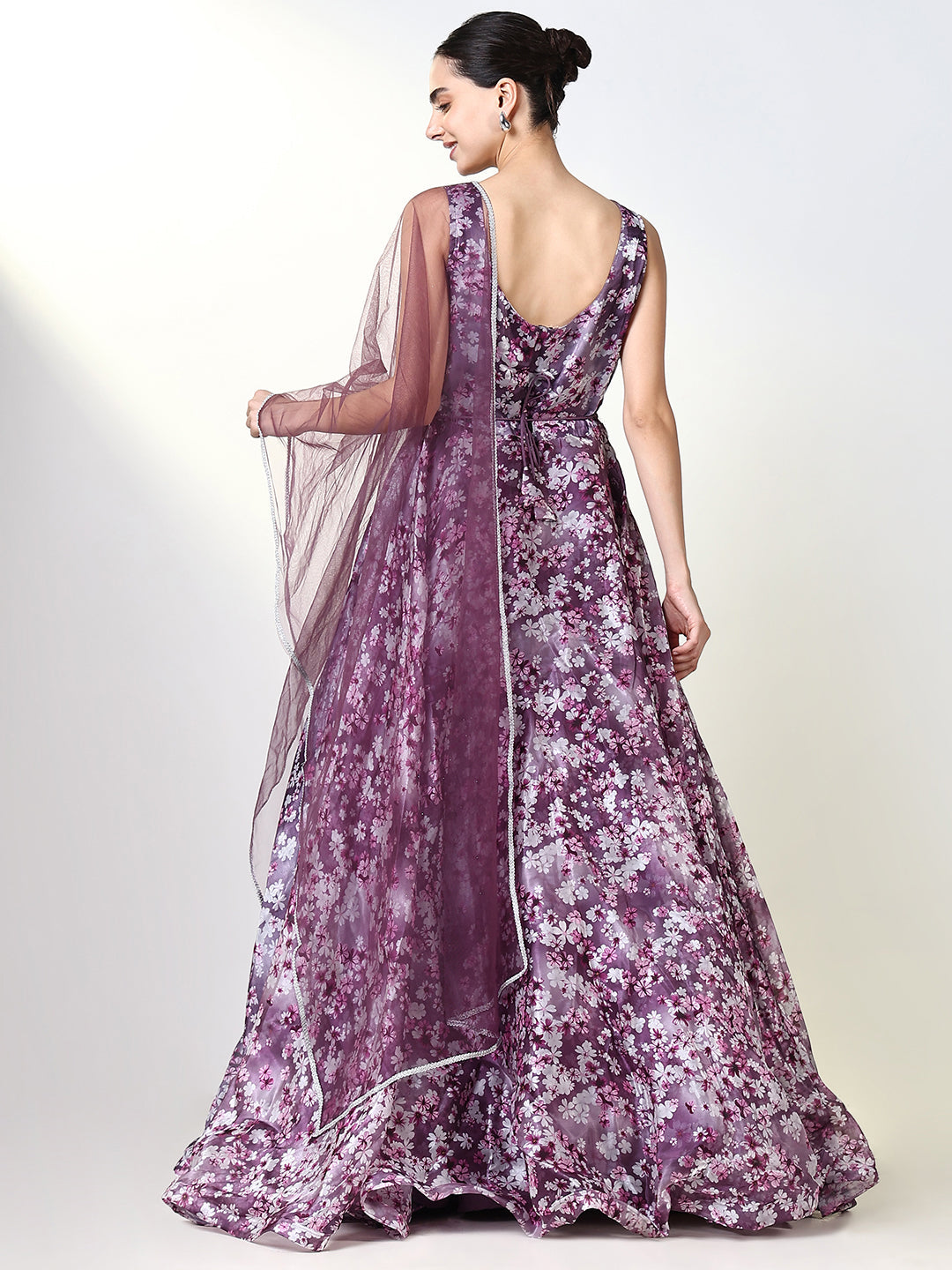 Women's Purple Floral Gown Dress with Belt & Dupatta