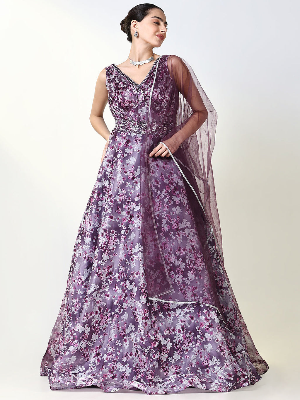 Women's Purple Floral Gown Dress with Belt & Dupatta