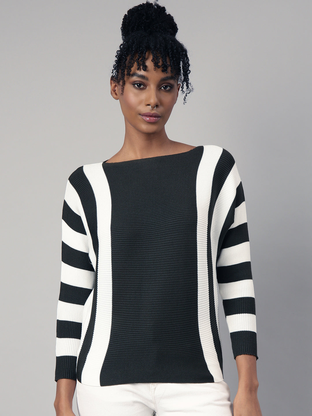 Women's Olive Boat Neck Vertical Striped Top