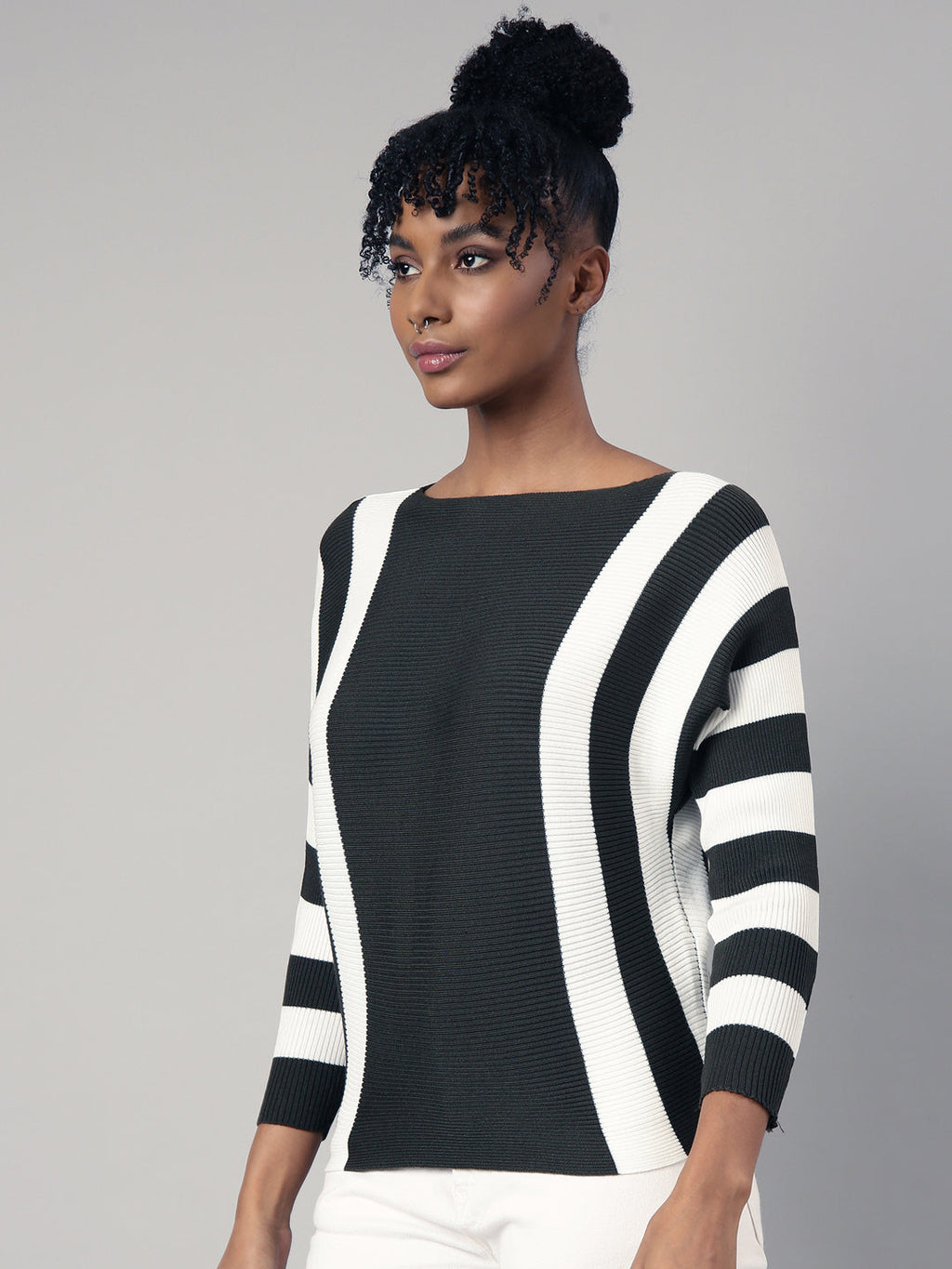 Women's Olive Boat Neck Vertical Striped Top