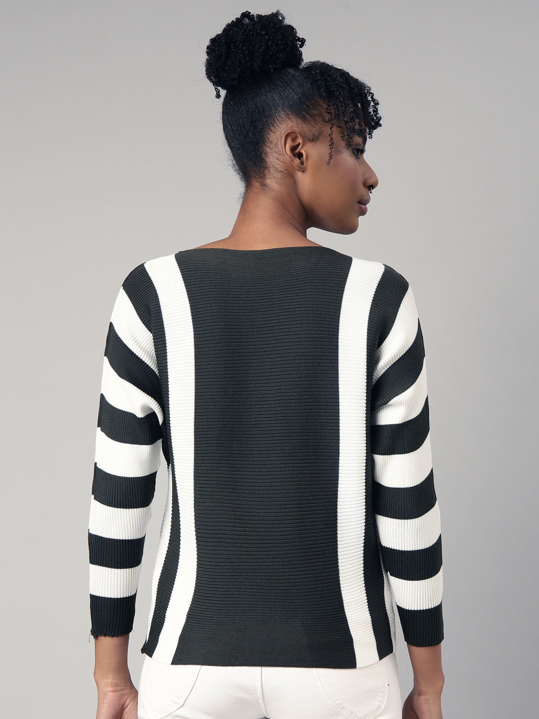 Women's Olive Boat Neck Vertical Striped Top