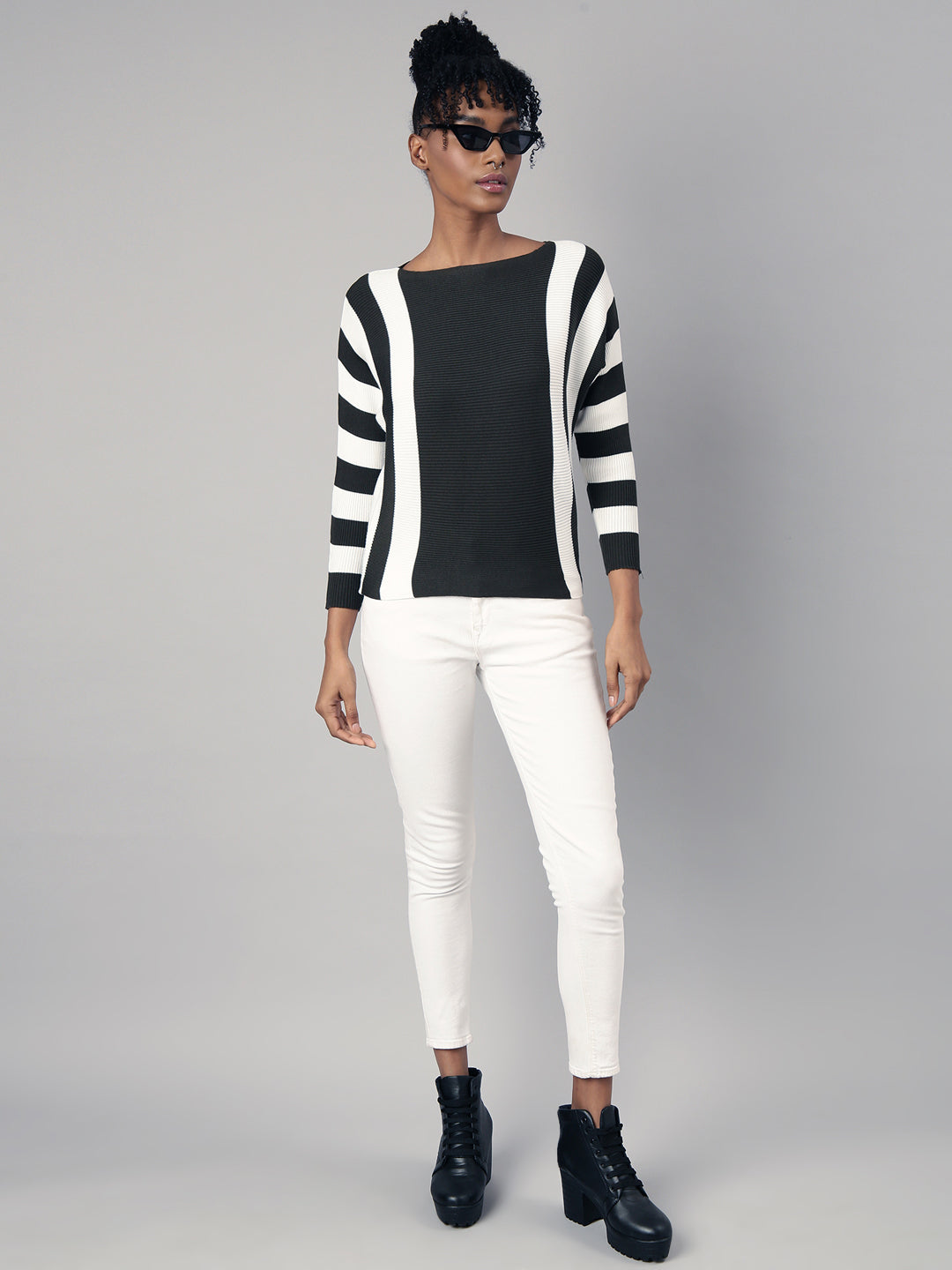 Women's Olive Boat Neck Vertical Striped Top