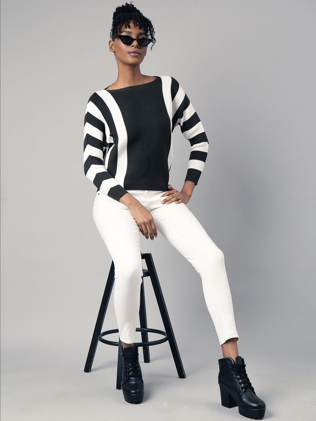 Women's Olive Boat Neck Vertical Striped Top