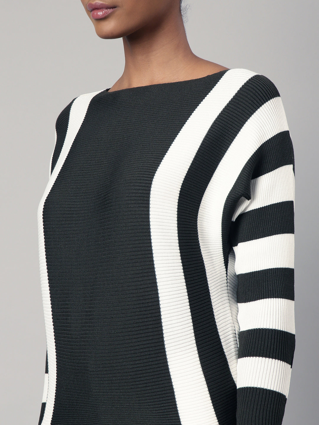 Women's Olive Boat Neck Vertical Striped Top