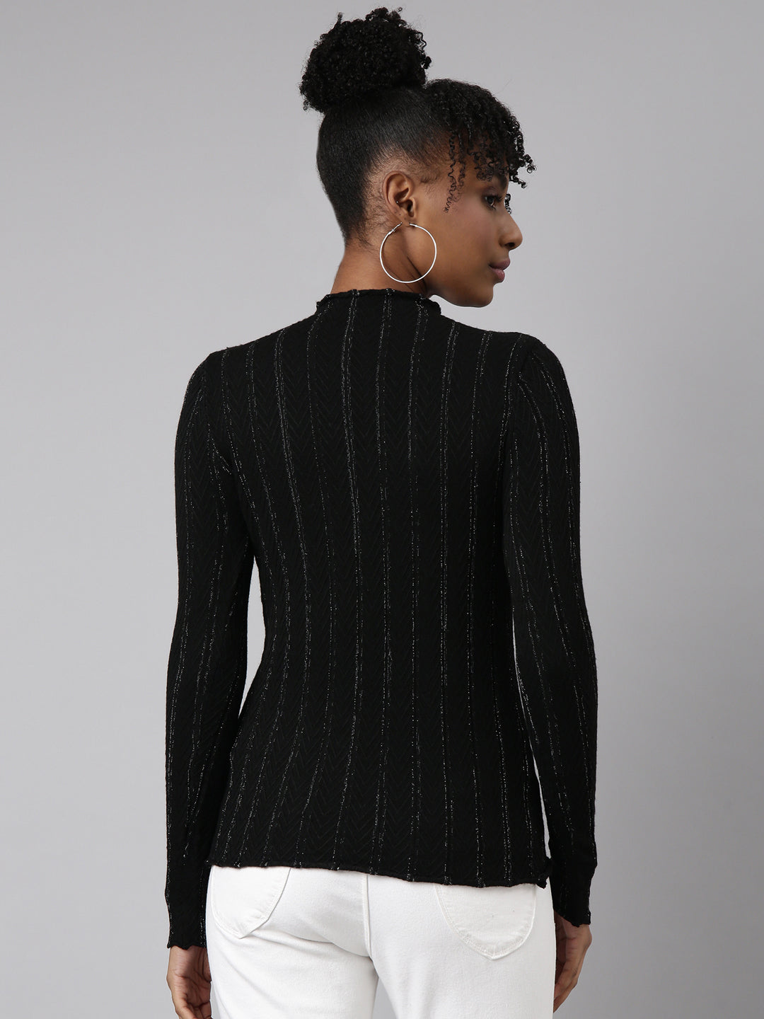 Women's Black Self Design High Neck Fitted Top