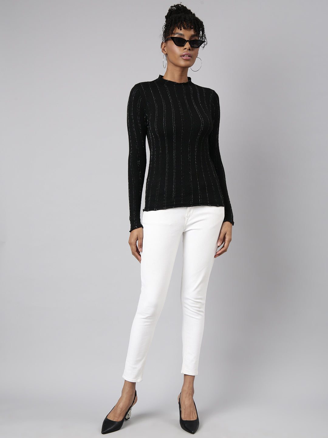 Women's Black Self Design High Neck Fitted Top