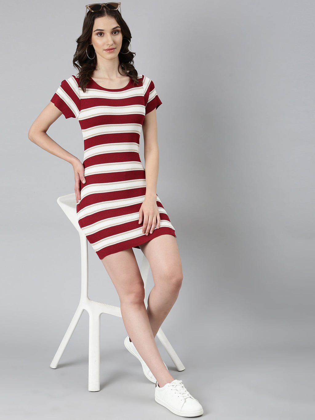 Women's Maroon Striped Bodycon Dress