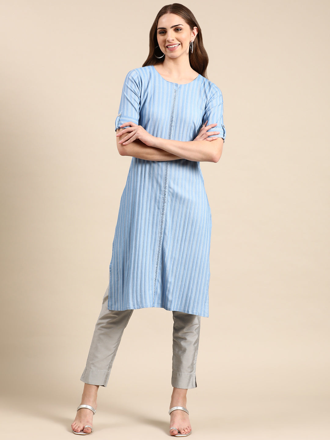 Women's Blue Striped Roll-Up Sleeves Straight Kurta