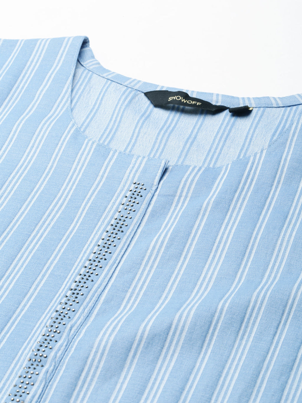 Women's Blue Striped Roll-Up Sleeves Straight Kurta