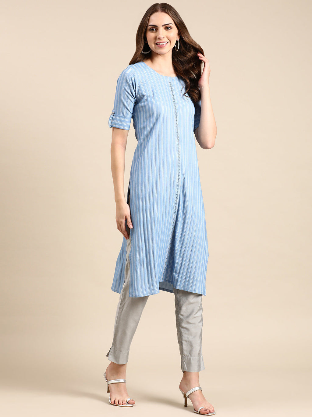 Women's Blue Striped Roll-Up Sleeves Straight Kurta