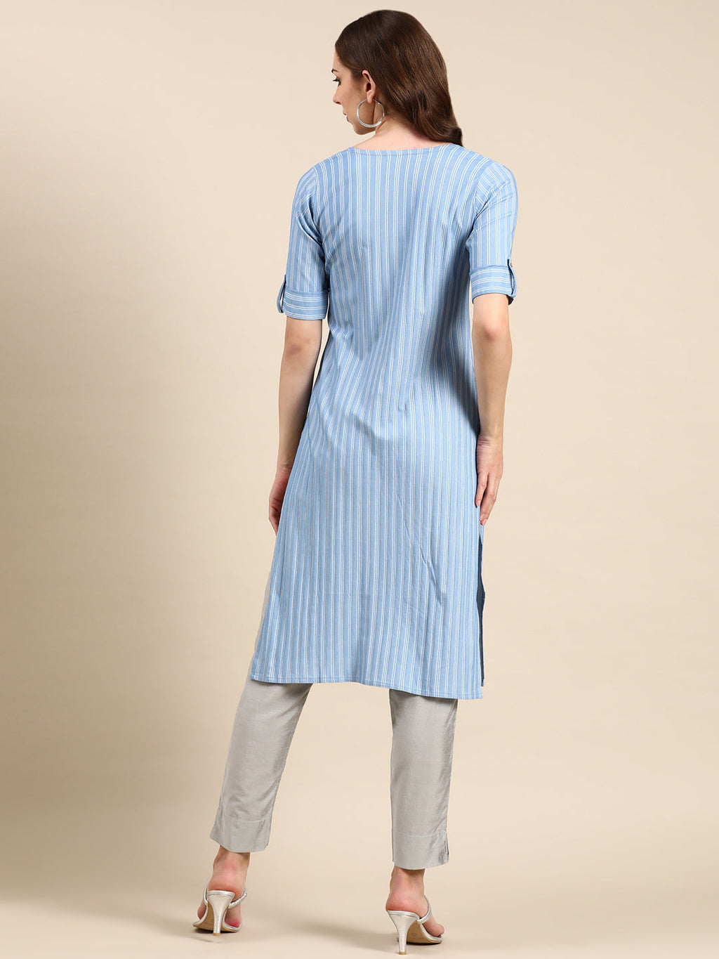 Women's Blue Striped Roll-Up Sleeves Straight Kurta