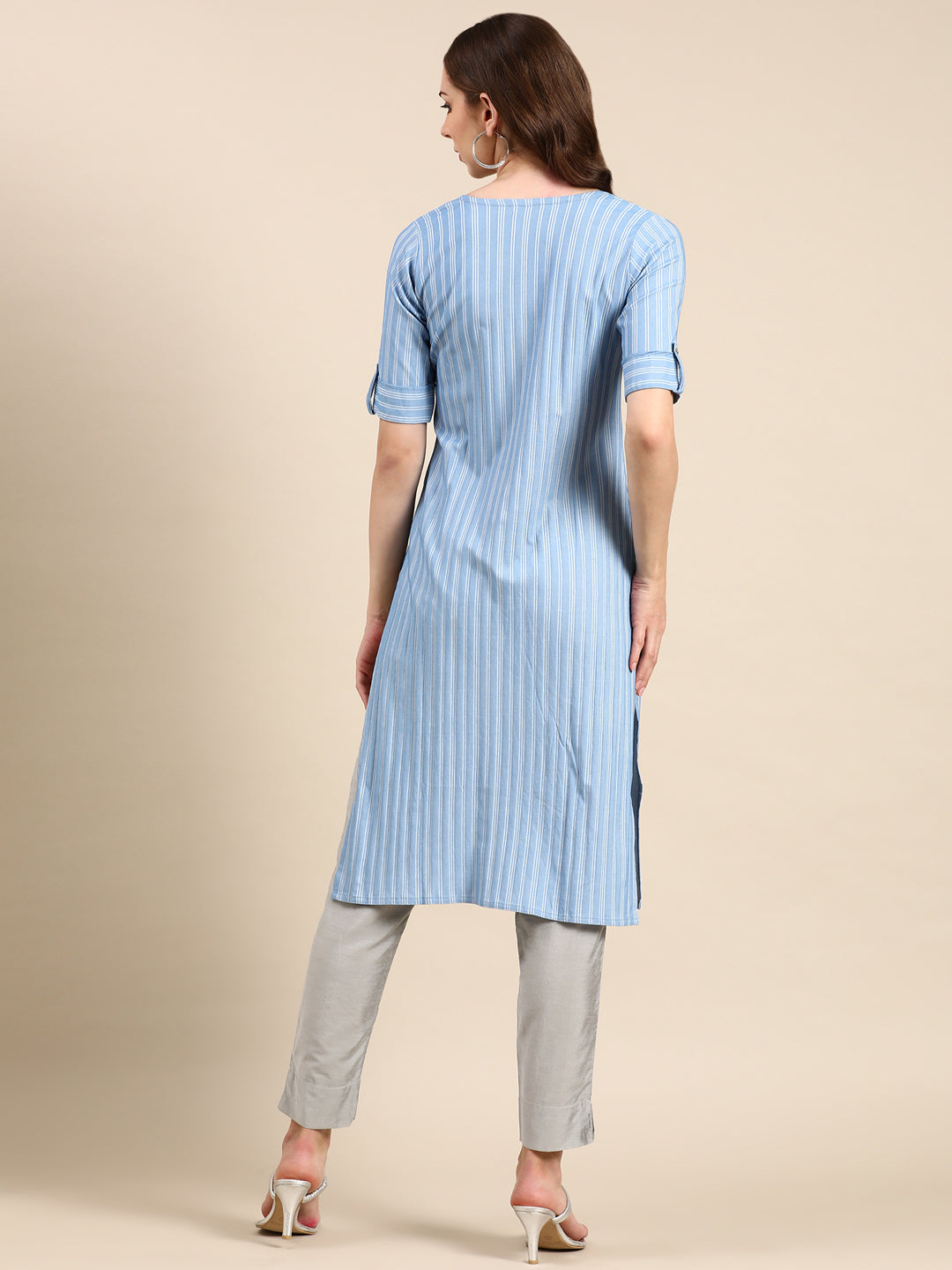 Women's Blue Striped Roll-Up Sleeves Straight Kurta