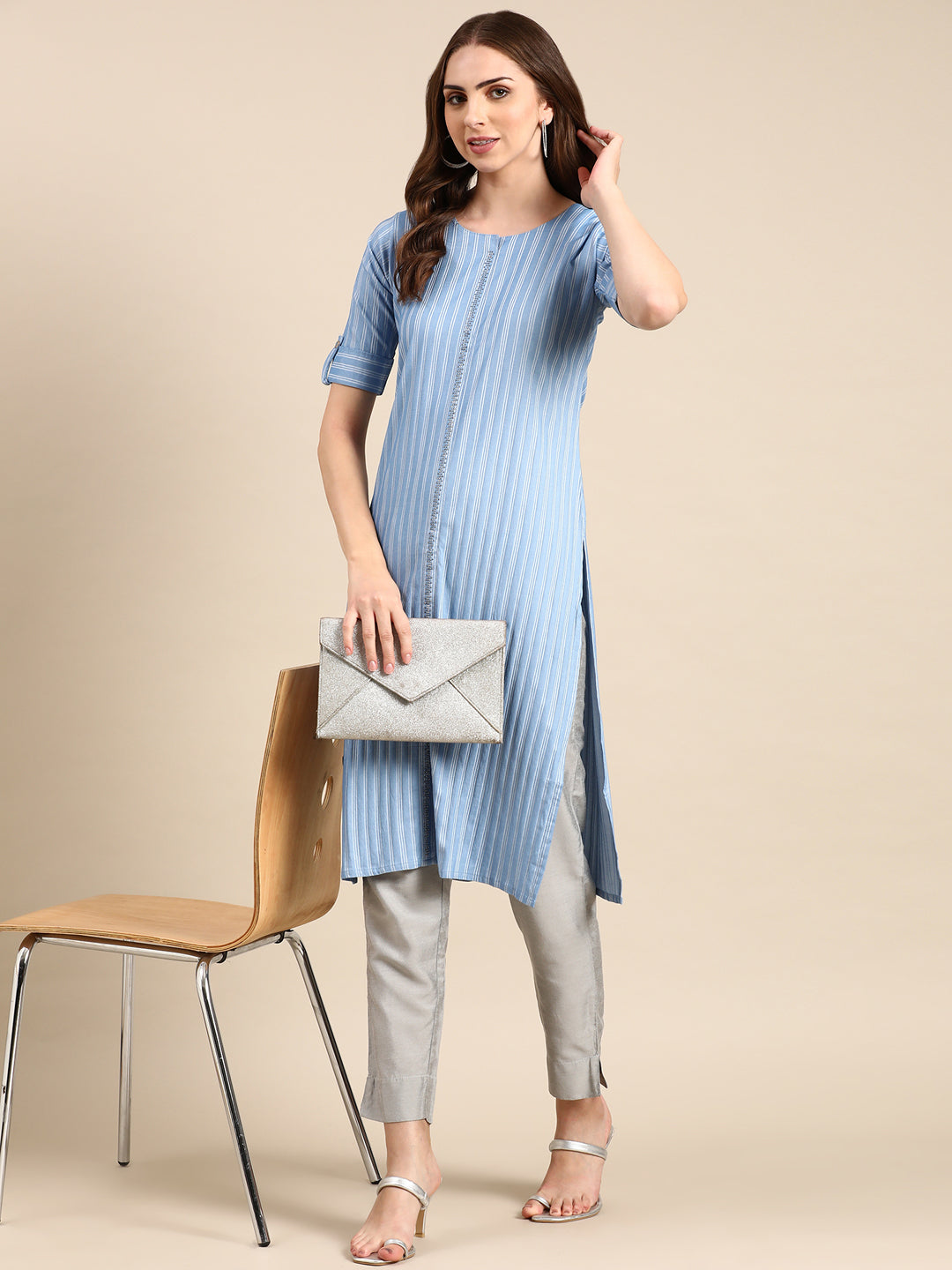 Women's Blue Striped Roll-Up Sleeves Straight Kurta