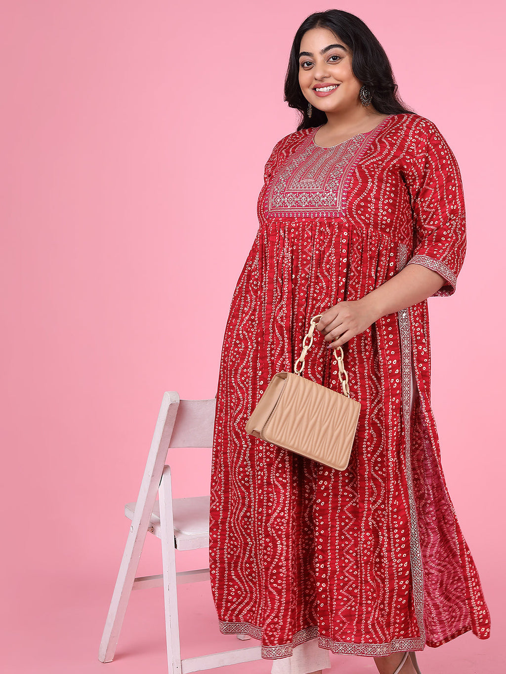 Women's Red Bandhani A Line Kurta