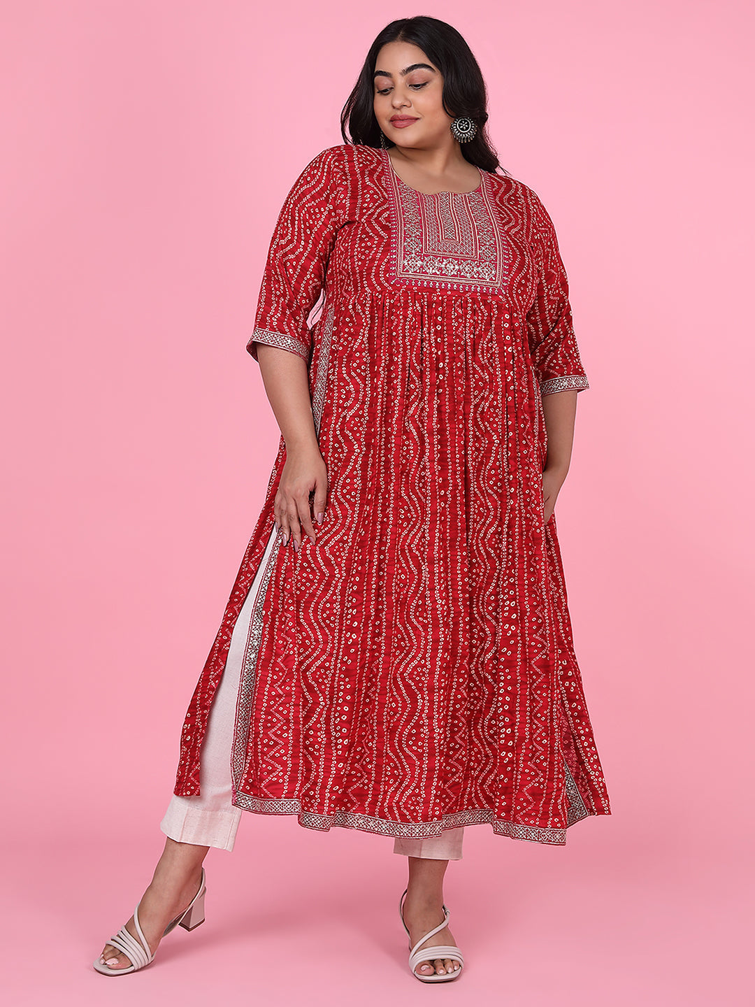 Women's Red Bandhani A Line Kurta