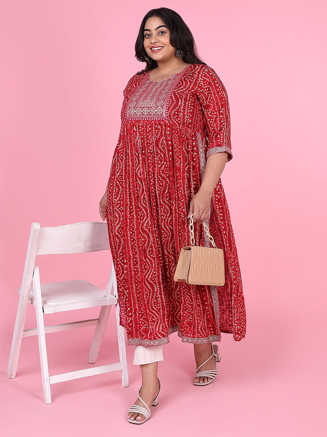 Women's Red Bandhani A Line Kurta