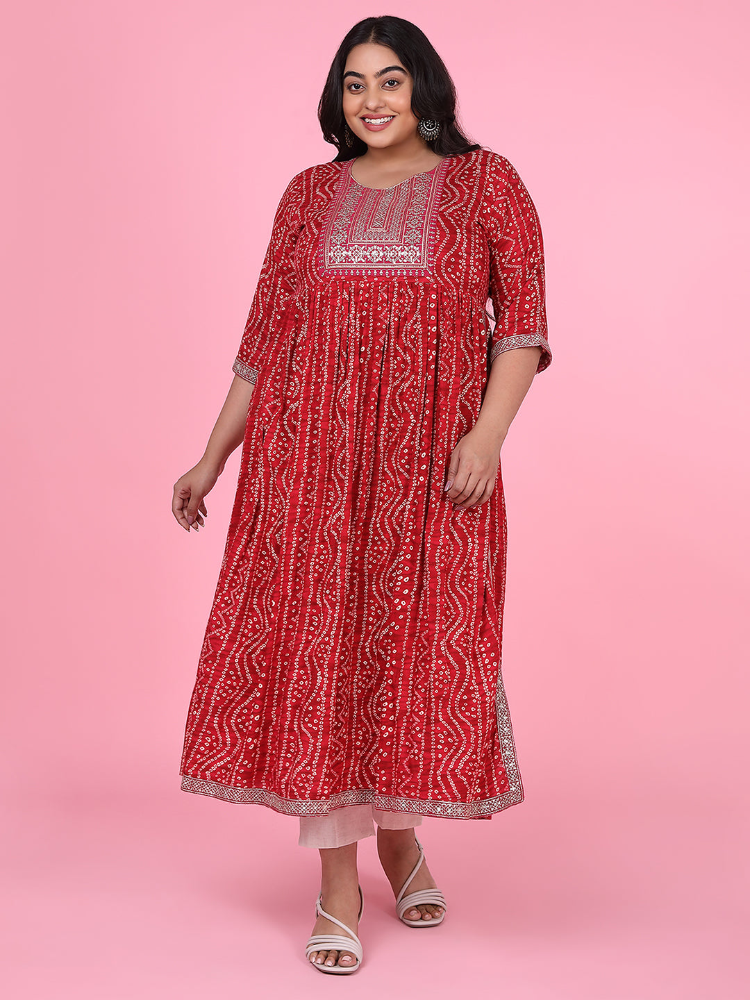 Women's Red Bandhani A Line Kurta