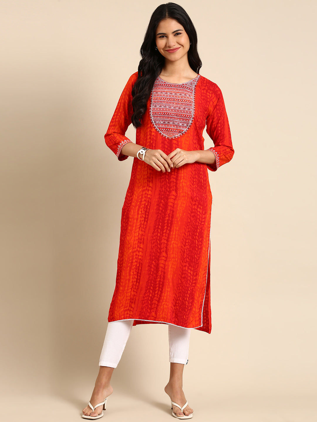Women's Orange Abstract Printed Straight Kurta