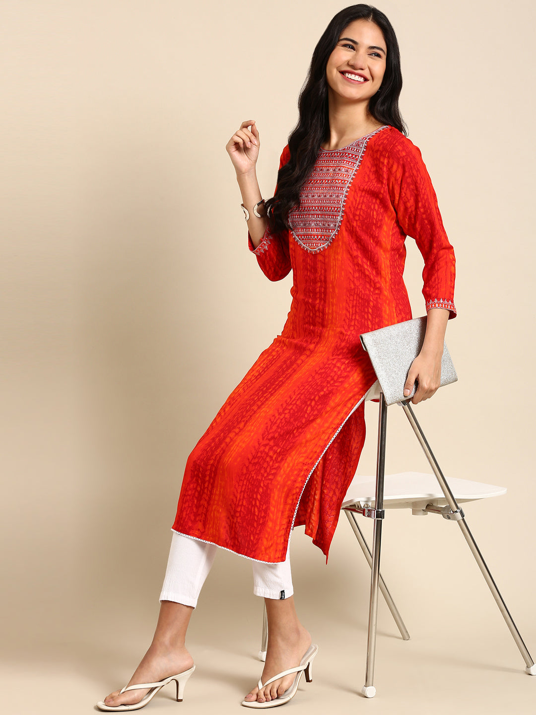 Women's Orange Abstract Printed Straight Kurta