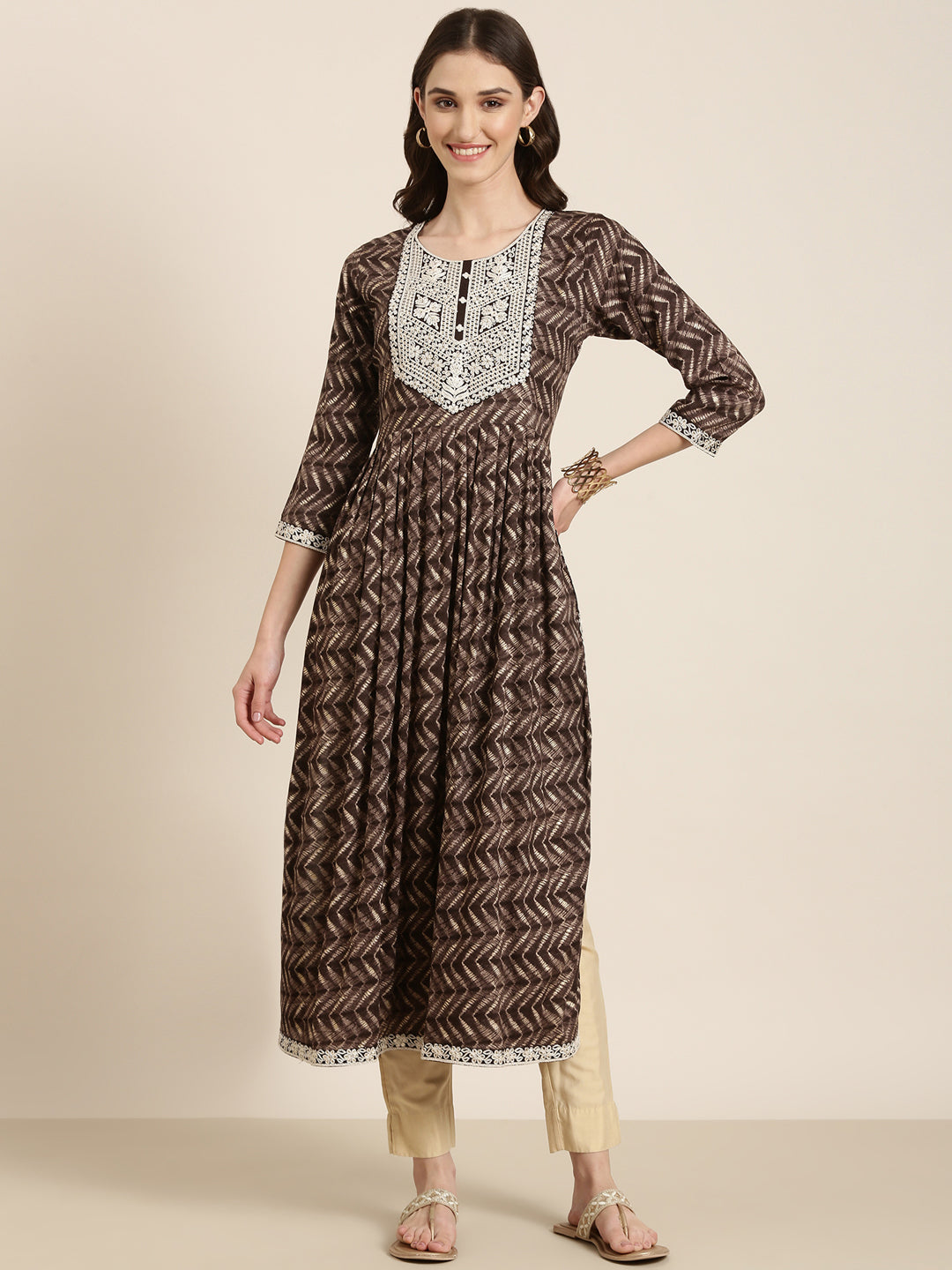Women's Taupe Geometric Printed Thread Work Anarkali Kurta