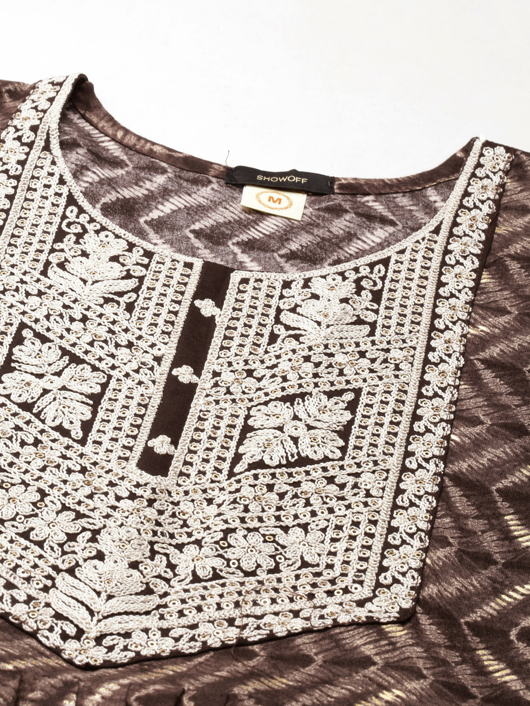 Women's Taupe Geometric Printed Thread Work Anarkali Kurta