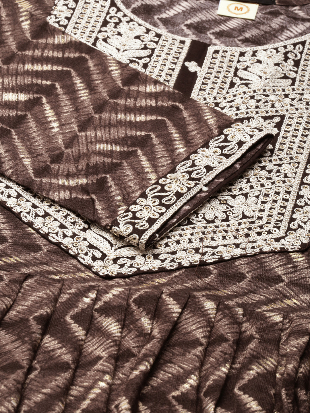 Women's Taupe Geometric Printed Thread Work Anarkali Kurta