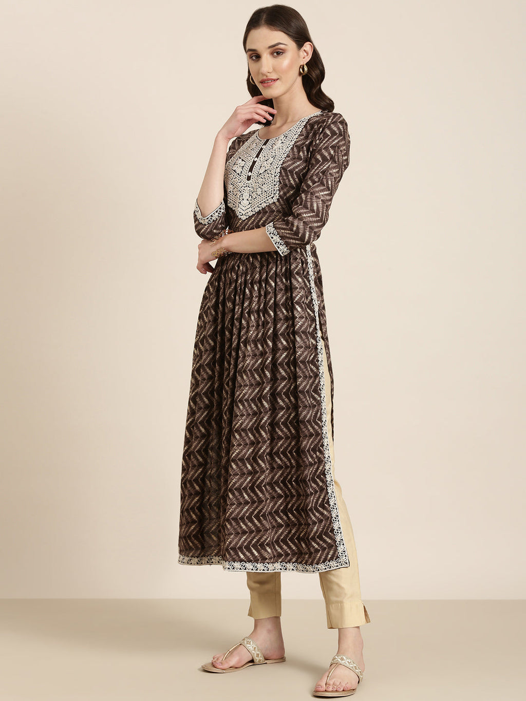 Women's Taupe Geometric Printed Thread Work Anarkali Kurta