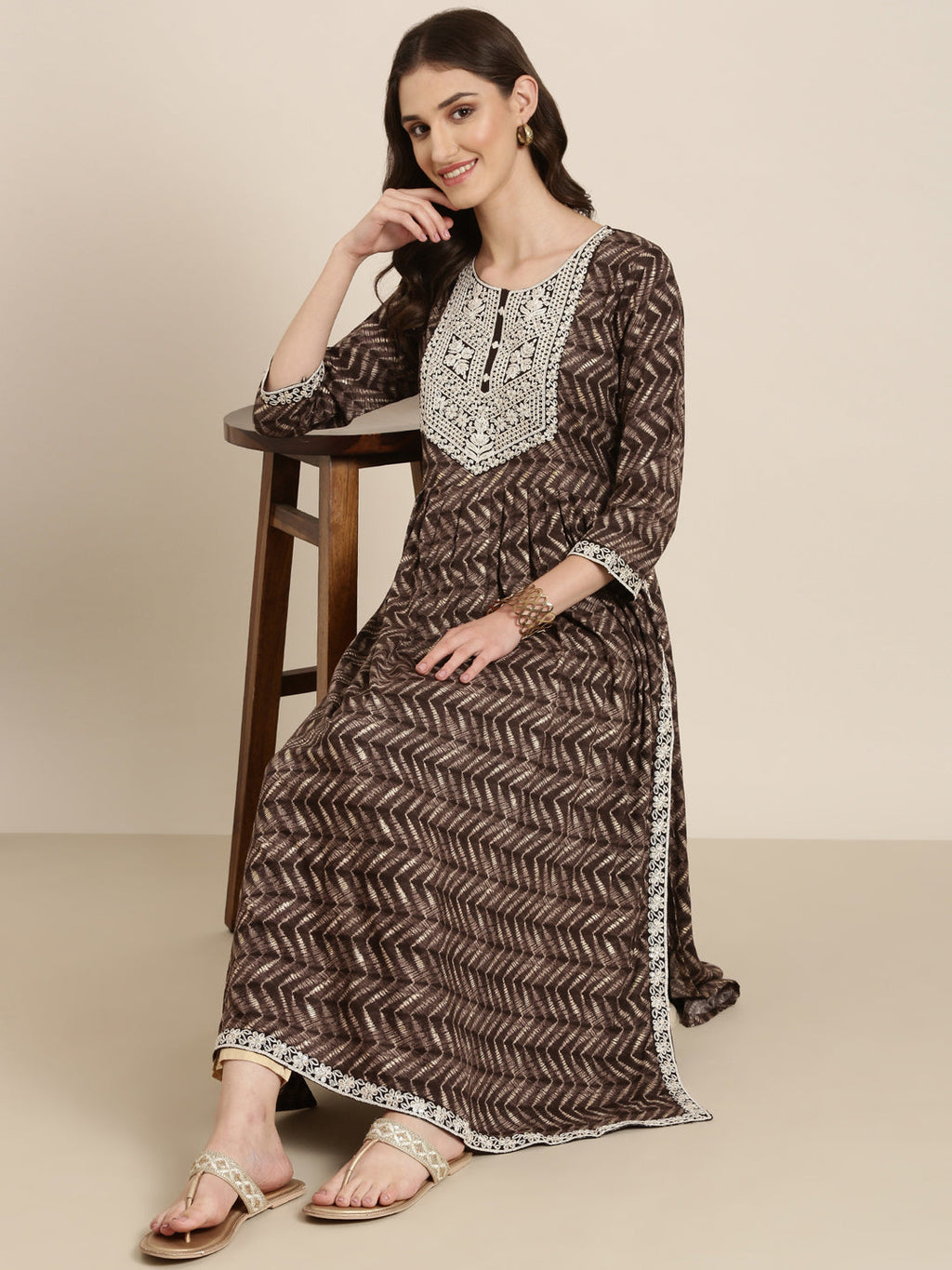 Women's Taupe Geometric Printed Thread Work Anarkali Kurta