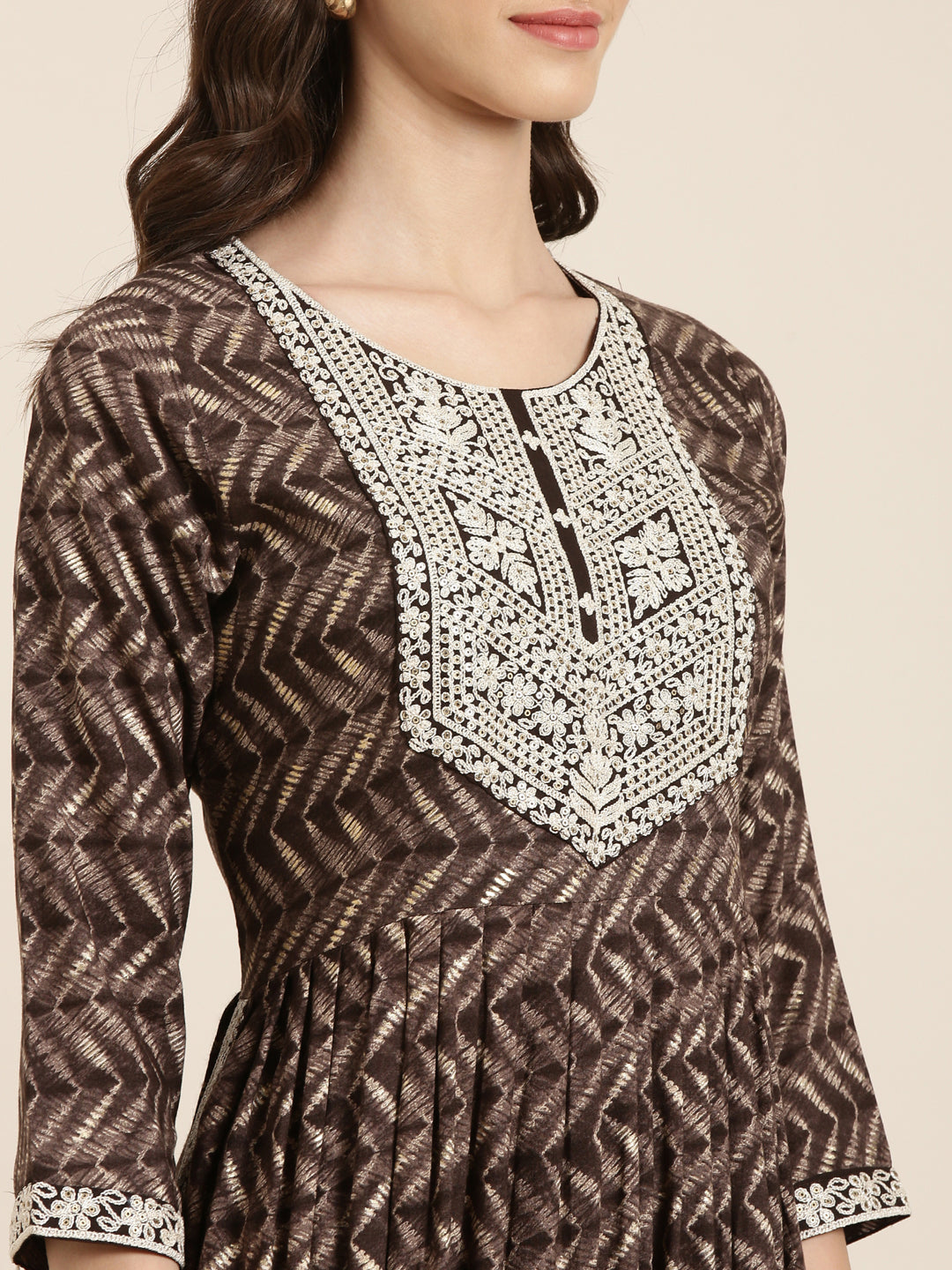 Women's Taupe Geometric Printed Thread Work Anarkali Kurta