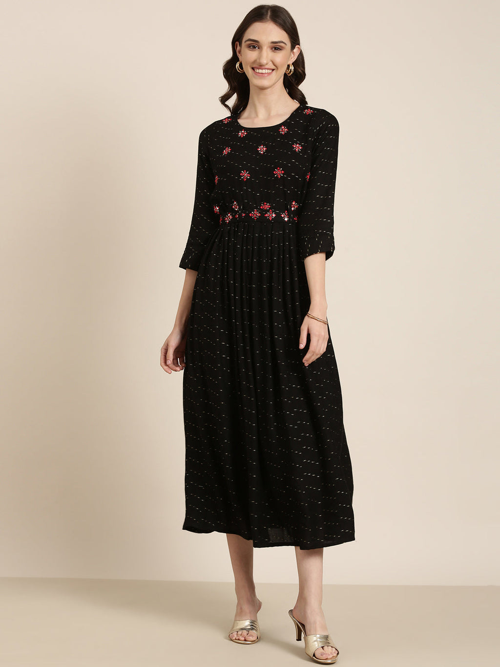Women's Black Abstract Printed Embroidered Cotton A-Line Kurta