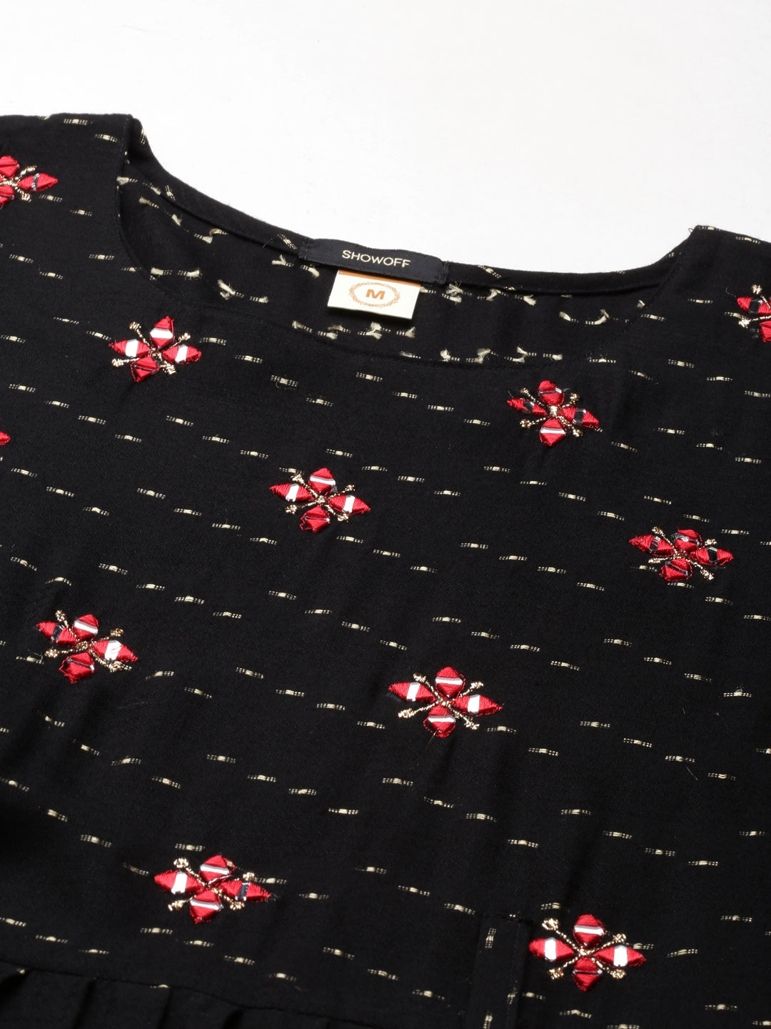 Women's Black Abstract Printed Embroidered Cotton A-Line Kurta