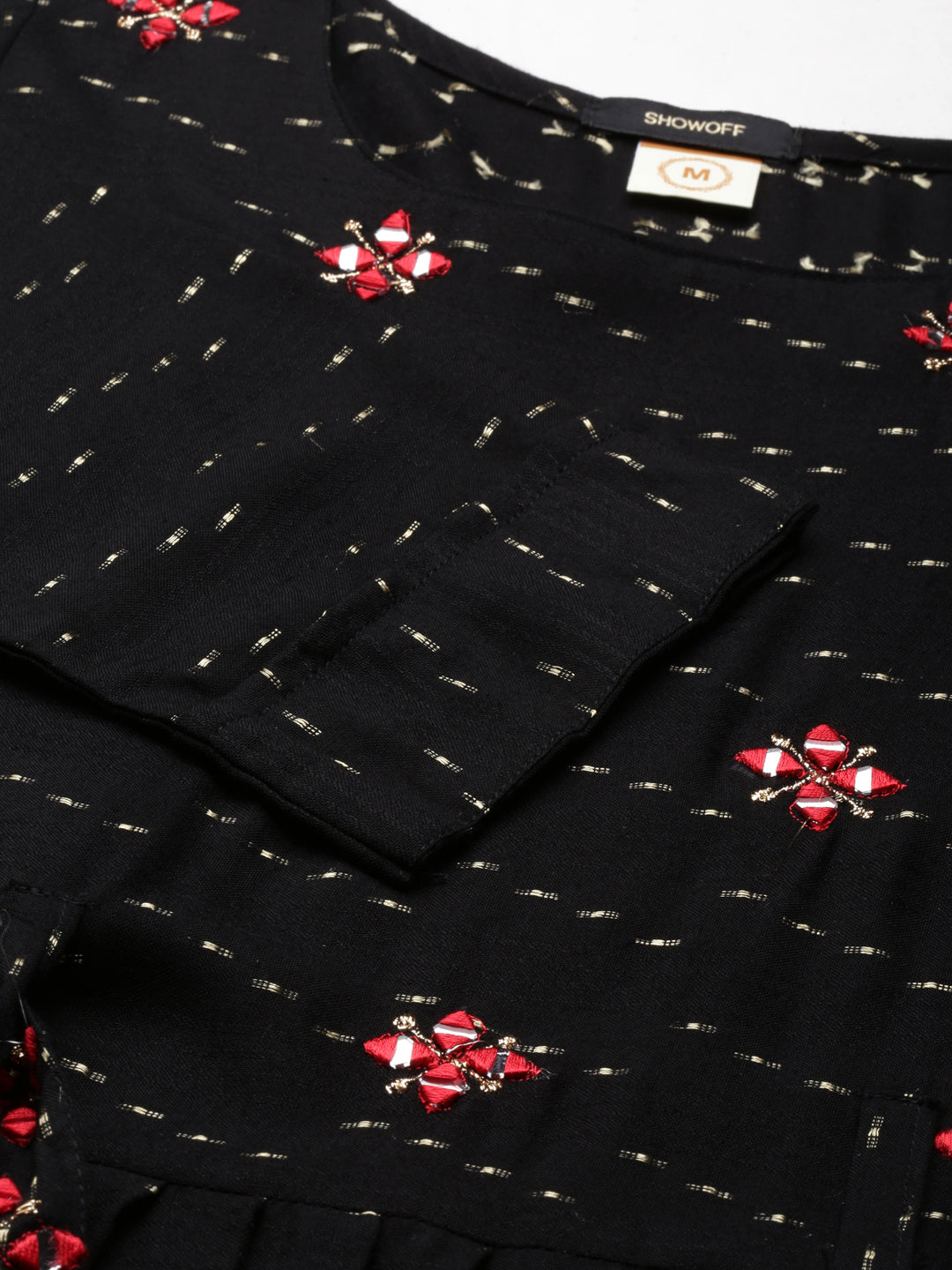 Women's Black Abstract Printed Embroidered Cotton A-Line Kurta