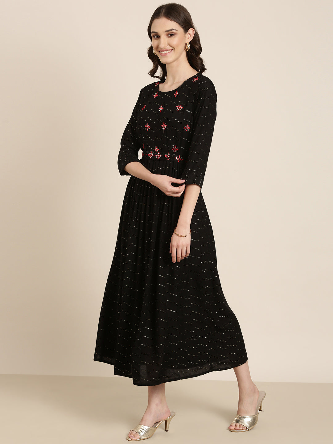 Women's Black Abstract Printed Embroidered Cotton A-Line Kurta
