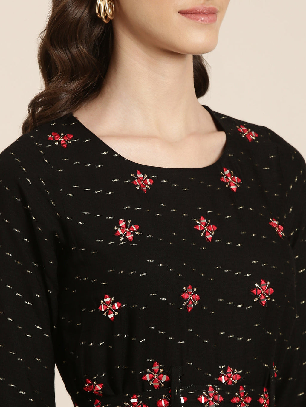 Women's Black Abstract Printed Embroidered Cotton A-Line Kurta