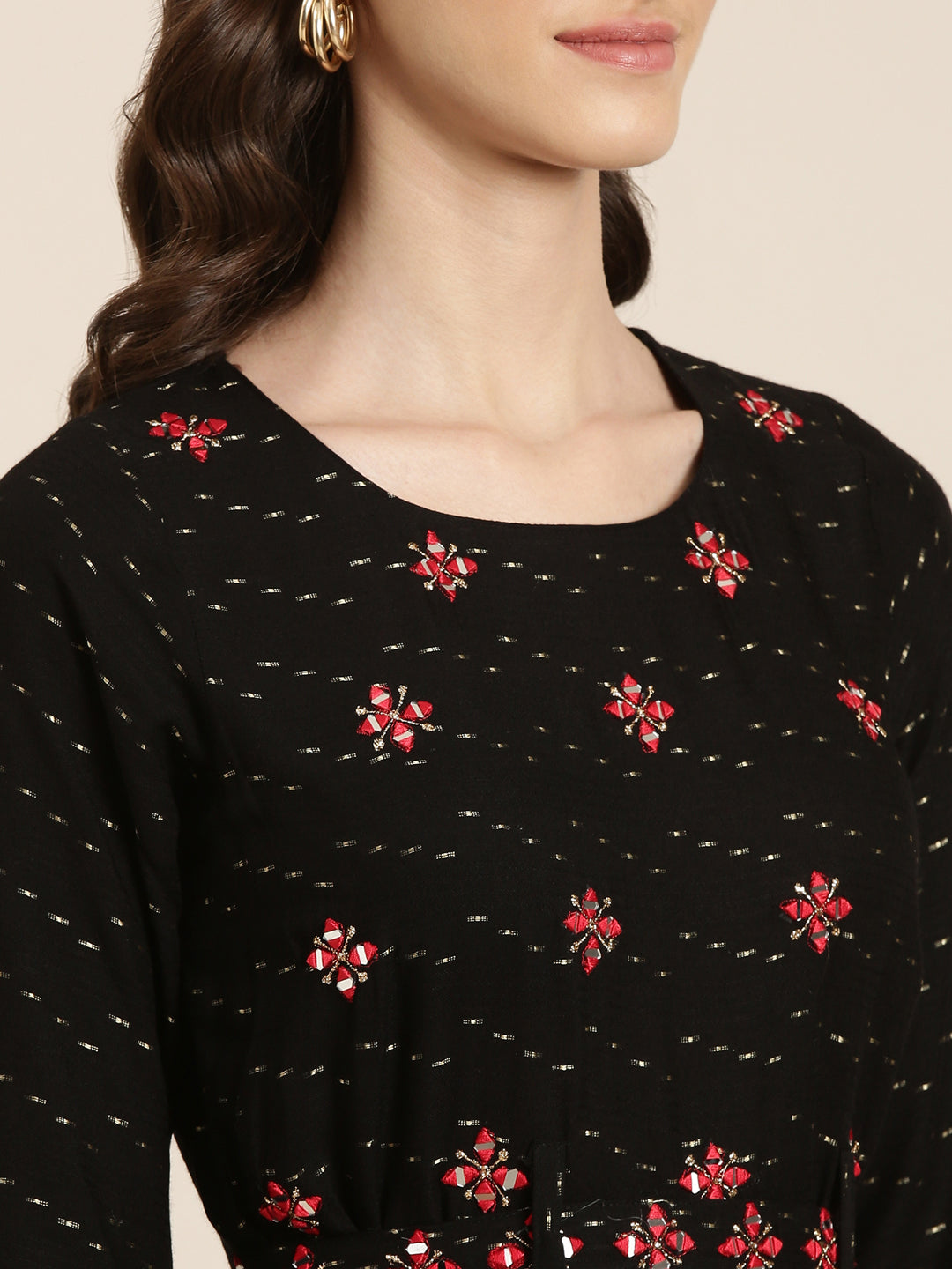 Women's Black Abstract Printed Embroidered Cotton A-Line Kurta