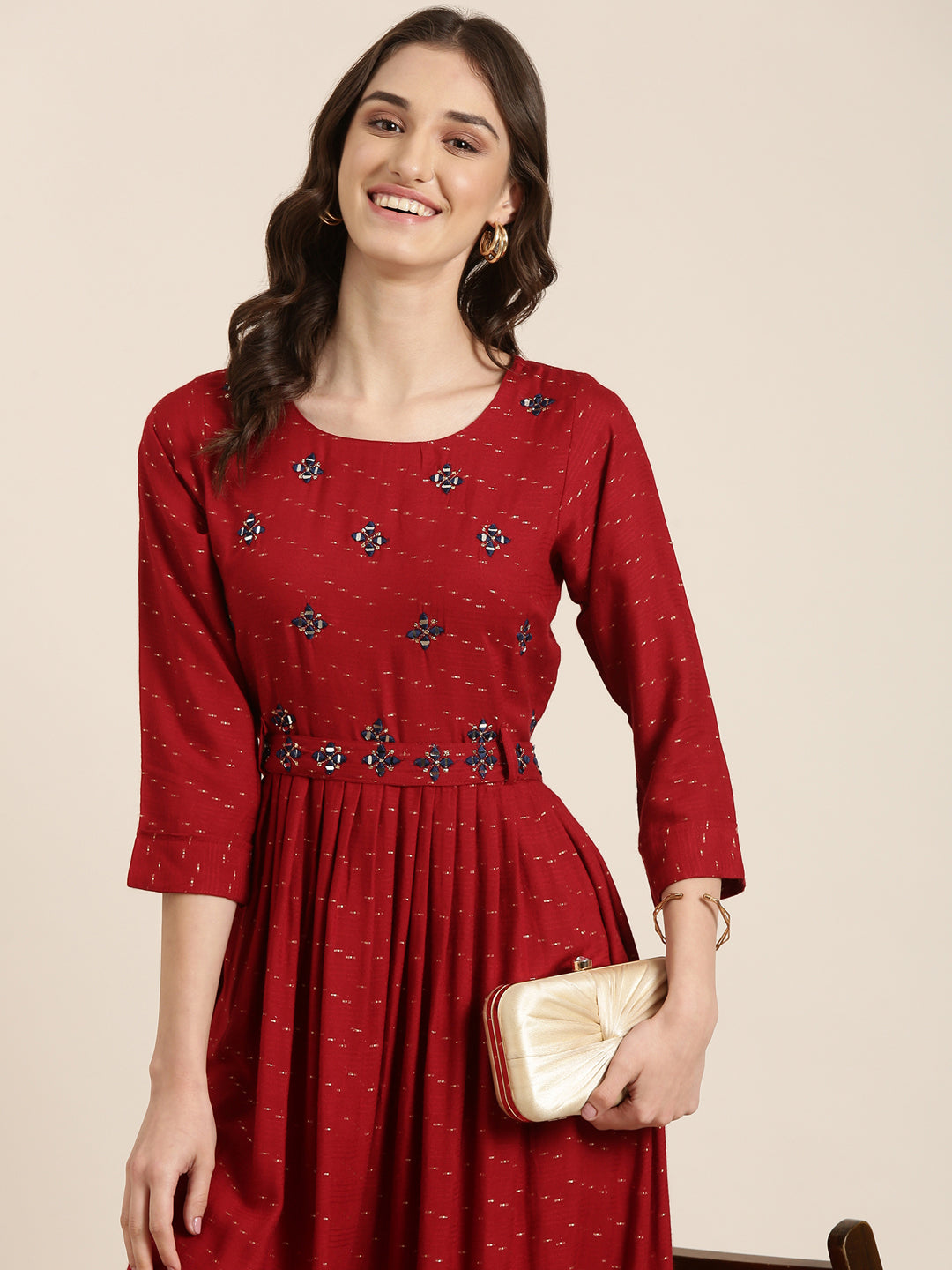 Women's Maroon Floral Embroidered Cotton Fit & Flare Kurta