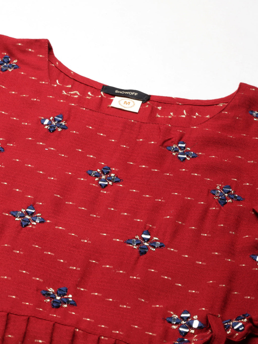 Women's Maroon Floral Embroidered Cotton Fit & Flare Kurta